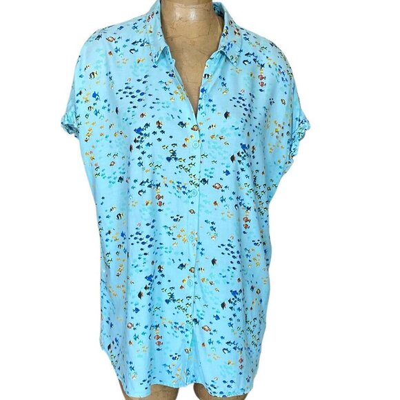 Beach Lunch Lounge Button Up Short Sleeve Top XL Novelty Tropical Fish #347J - Picture 3 of 11